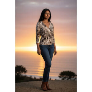 Dana Buchman Brown Leopard Print V Neck 3/4 Sleeve Sz L